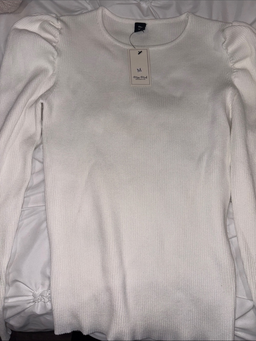 Mia Midi White Ribbed Puff-Sleeve Long-Sleeve Top - White, M